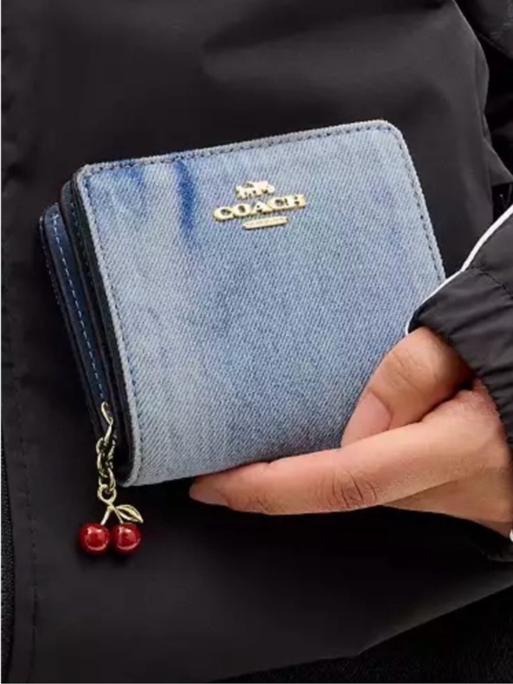 Coach Snap Wallet In Loved Denim With Cherry Charm NWT - Picture 2 of 5